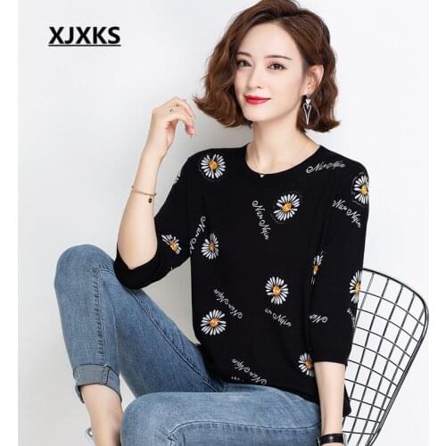 XJXKS Women autumn thin sweater 2020 new round neck three-quarter sleeves comfortable wool knitted sweater women pullover