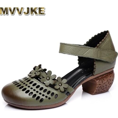 MVVJKE Genuine Leather Women Sandals Summer Shoes 5CM High Heels Retro Handmade Women Shoes 2020 Hollow Out Sandal