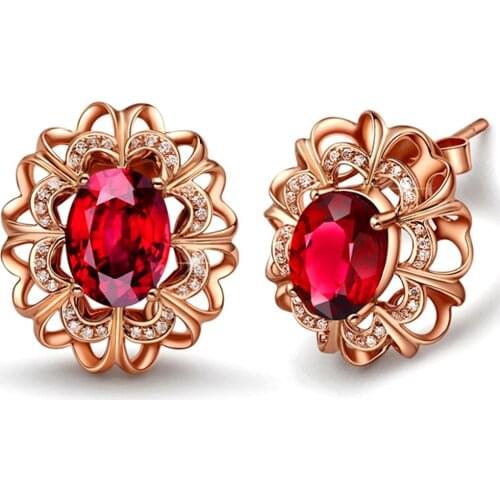 Ruby Gemstones Red Crystal Zircon Diamond Stud Earrings For Women Brincos 18k Rose Gold Color Party Jewelry Bijou Christmas Gift
