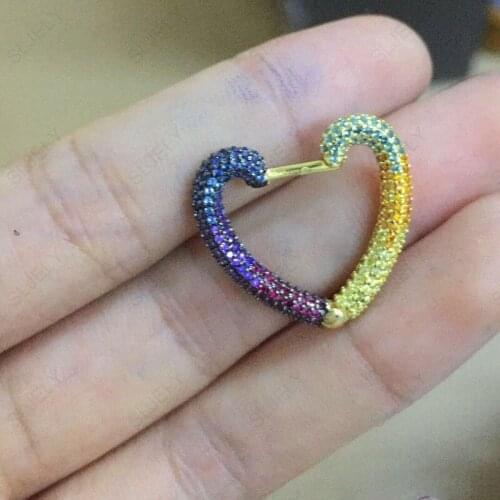 SLJELY Fashion 925 Sterling Silver Yellow Gold Color Jewelry Single Rainbow Heart Earring Pave Colorful Cubic Zirconia for Women