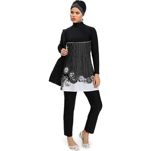 Women Black Floral Pattern Very Fashionable Lycra Full Hijab Swimwear Turkish' Muslim Swimsuit Burkinis Modest Clothing Islamic Long Sleev