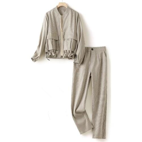 Designer Spring Autumn Women Blazer Two Piece Sets Long Sleeve Blazer Coat Tops Straight Leg Pants OL Plaid Suit Two Piece Set