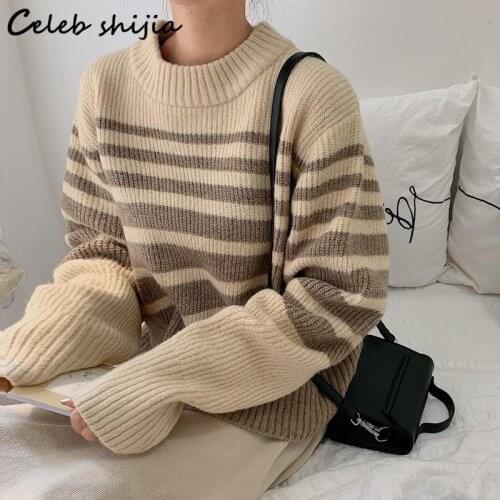SHIJIA Khaki Striped Sweater Woman Clothes Fall 2021 Long Sleeve Loose Pretty Knitted Tops Japan Thick Warm Autumn Jumper Female
