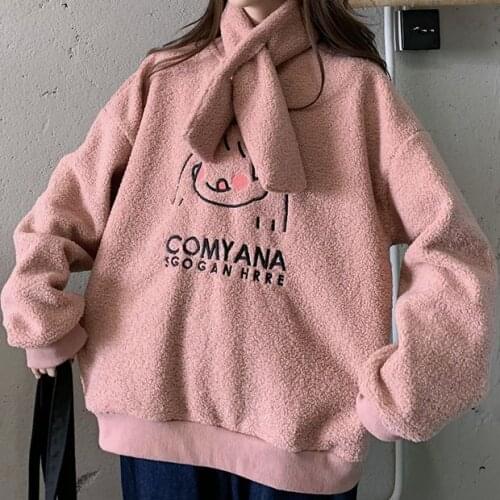 WomenS Sweatshirt Harajuku Anime Girl Embroidered Oversized Pullover With Scarf Winter Thick Comfortable Lamb Plush Pullover