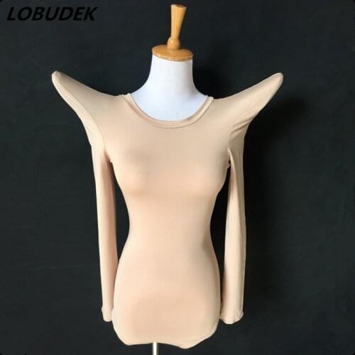 Rose red shoulder pads bodysuit female nightclub bar DS sexy costumes silk long sleeve bodysuit model catwalk show performance