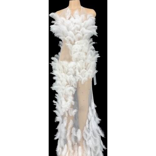 Sexy Rhinestones See Through Mesh White Feathers Long Dress Women Evening Wedding Birthday Party Dresses Singer Stage Clothes