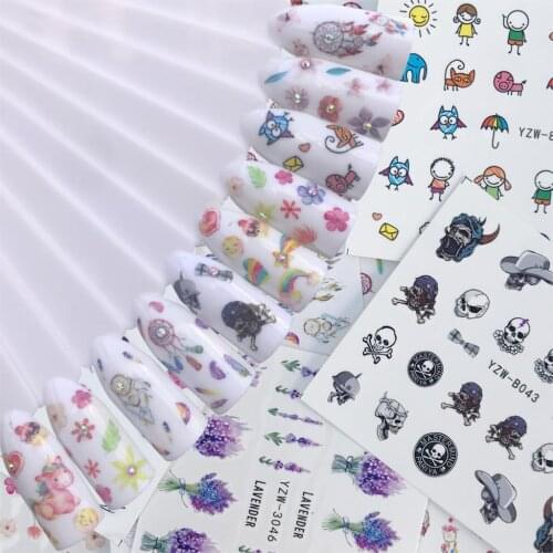 YZWLE 10 Styles Lavender Nail Sticker Flower Water Decals Peony Cute Cartoon Nails Wraps Sliders Nail Art Decoration Accessories