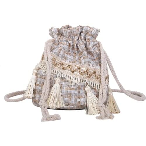 2020 Ethnic style tassel bucket bag hemp rope Women Small Bag Cloth Bohe Drawstring shoulder messenger bag