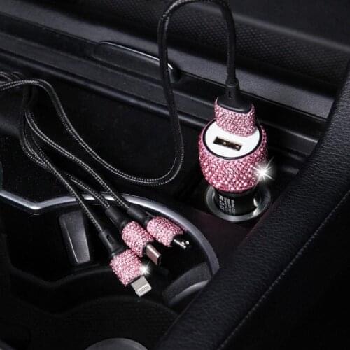 Rhinestones Dual USB Car Charger Bling Bling Handmade Crystal Car Decorations Fast Charging Data Cables Car Decors For IPhone