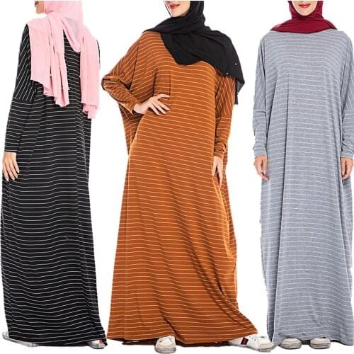 BianFeng Womens Muslim Fashion Striped Abaya Hijab Dress Casual Cozy Bat Long Sleeve Plus Size Long Skirt One Size