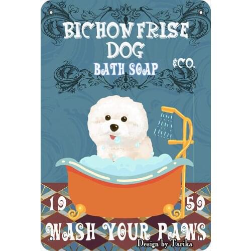 Bichon Frise Dog &Co. Bath Soap Wash Your Paws Vintage Plaque Poster Tin Sign Wall Decor Hanging Metal Decoration 12"x8" Inch