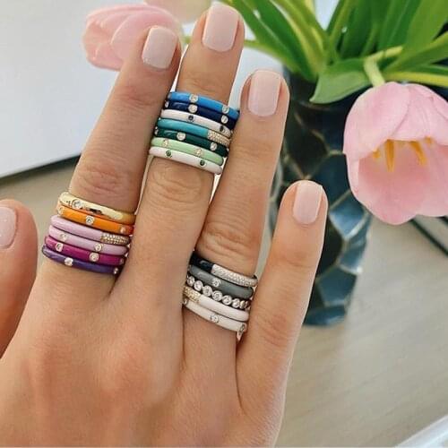FFLACELL New Fashion Metal Silver Color Rainbow Color Drip Oil Enamel Inlaid Rhinestone Ring For Women Trend Hot Party Jewelry