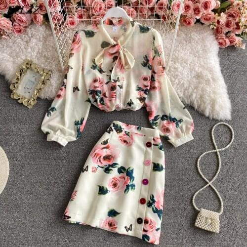 FTLZZ Summer New Women Vintage Bow Tie Rose Print Lantern Sleeve Chiffon Shirt Elegant High Waist Short Skirt Two-piece Set