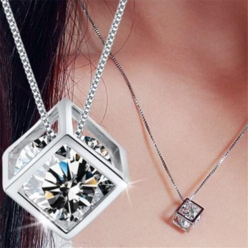 Exquisite Square Rubiks Cube Shape Crystal Three-dimensionalPendant Necklace CZ Women Females Chocker Clavicle Candy Jewelry