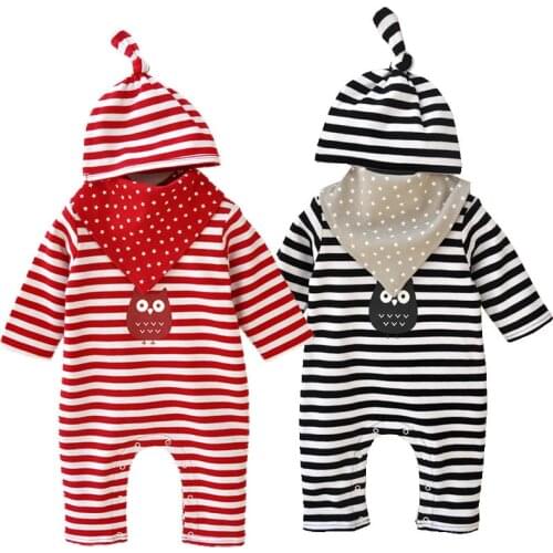 Baby Clothing Set Baby Girl Clothes 3 Pcs Suit Striped Romper+Bib+Hat New Born Clothes Set Cartoon Owl Print Children Clothes