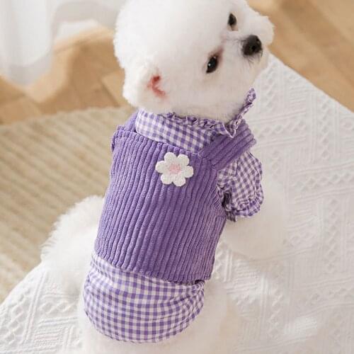 Summer Purple Shirts Plaid Flower Dog Clothes Thin Two-piece Suit Dogs Clothing Cute Girl Puppy Teddy Schnauzer Pet Outfits Vest