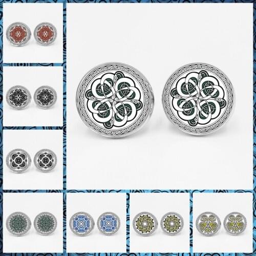 Fashion Handmade Sacred Geometry Rules Cufflinks Celtic Round Pattern Glass Tie Bar Mens Cufflinks High Quality Mens Gifts