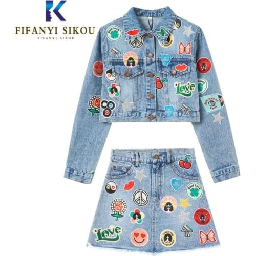 Fashion Denim Two piece set Women Embroidery Short Denim Jacket And Mini Skirt 2 piece set Women 2020 Spring Casual Denim Suits