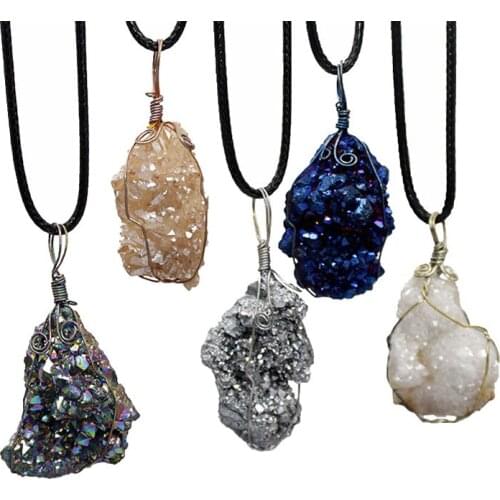 Raw Rough Rock Electroplated Necklae with PU Cord 18inch Irregular Size Druzy Pendant Unique Plating Stone Colorful