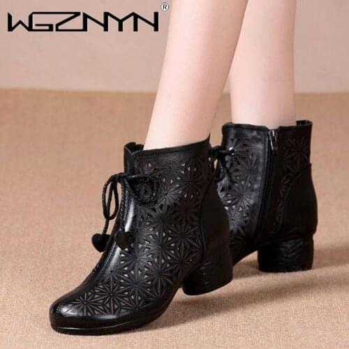 Spring and Summer New Hollow Sandals Leather Retro Side Zipper Mid-heel Thick Heel Short Boots Womens Shoes Gladiator Sandals