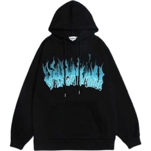2021 Autumn Blue Flame Letter Print Fleece Mens Hip Hop Hoodies Pullover Casual Couples Hooded Sweatshirt Korean Clothes Moleton