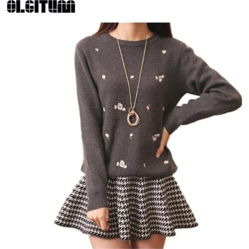 Popular Autumn/Winter Women New Slim O-neck Long-sleeved Pullover Embroidered 2020 Fashion Casual Sweater Female Yellow Black