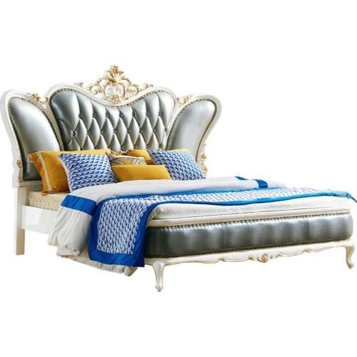 Deluxe European solid wood bed carved genuine leather European oak bed bedroom princess double bed customization