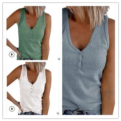 S-5XL Womens V-neck Solid Color Tank Tops Plus Size Button-down Casual Elastic Tops Summer Casual Backless Ribbed Vest Women