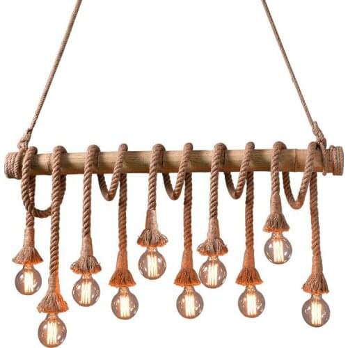 Vintage Hemp Tube Bamboo Rope Chandelier Retro Lighting 3-10 Heads Kitchen Hanging Lamps Restaurant Living Room Clothing Store