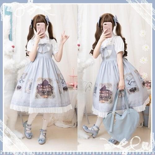 Japanese princess tea party sweet lolita dress vintage bowknot cute printing high waist victorian dress kawaii girl loli cos