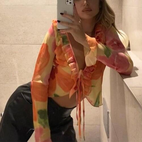 Floral Printing Women Crop Top Summer Beach Long Sleeve Sexy Chiffon Blouse New V Neck Fashion Lace Up Clubwear Female Shirts