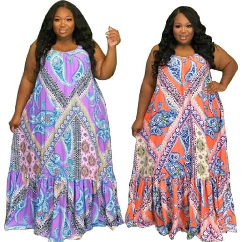 Plus Size Womens Summer New Style Printed Dress Women Loose Casual Sling Long Skirt