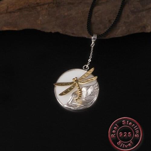 Amxiu 100% 925 Sterling Silver Pendant Necklace Two Tones Color Dragonfly Necklace Round Ceramic Pendants Necklaces For Women