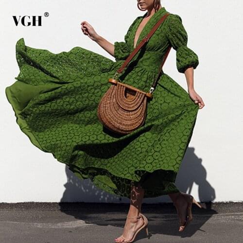 VGH Vintage Print Women Dress V Neck Lantern Half Sleeve High Waist Ruched Dresses For Female Fashion 2020 Summr Clothing Tide