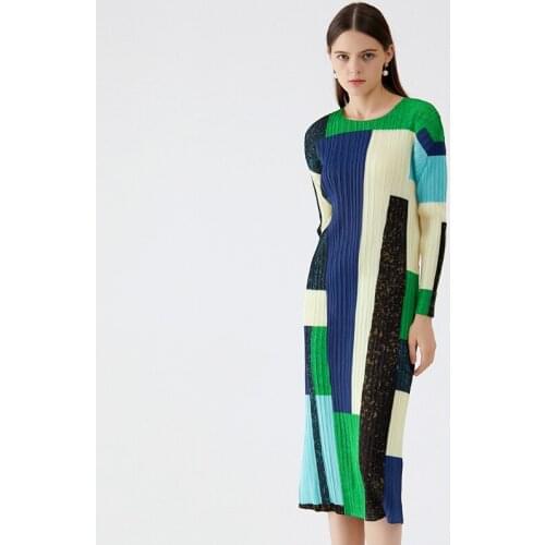 Miyake pleated printed dress 2021 autumn Thinner New Temperament Slim Long Sleeve basic Dress for Women