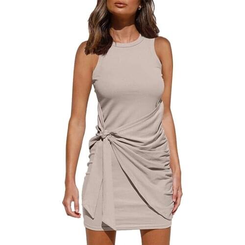 Women Casual Sleeveless Mini Dress Summer New Solid Round Collar Close-fitting Short Dress For Lady Lace-Up Slim Party Dresses