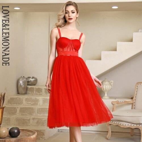 LOVE&LEMONADE Sexy Red Tube Top Perspective Stitching A-Line Mesh Puffy Party Dress LM82587