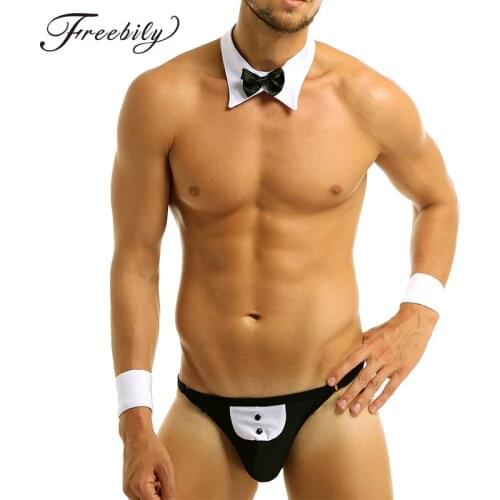 3Pcs Mens Butler Waiter Lingerie Set Open Back Tuxedo G-string Thong Underwear with Bow Tie Collar and Bracelets Sexy Costumes