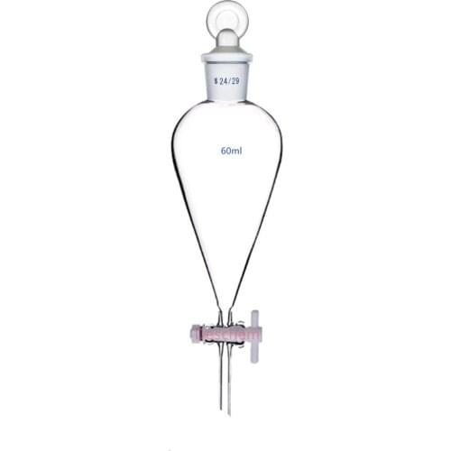 60ml,24/29,Lab Separatory Funnel Pear Shape Pyriform Drop Tip PTFE Stopcock Glass Stopper