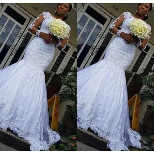Scoop Sweep Train White Tulle Appliques Lace Long Sleeve Mermaid Wedding Dresses Custom Made South African Wedding Gowns