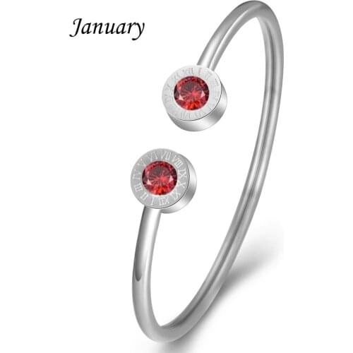 Fashion Crystal 1-12 Birthstone Cuff Bangle For Women Silver Color Stainless Steel Roman Birthday Gift Bracelets Bangles Jewelry