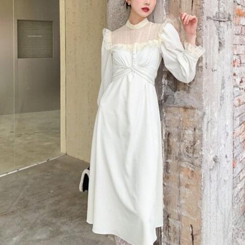 Black/White Party Dress Women Holiday Elegant Dress Spring 2021 Lace Ruffle Stitching Temperament Gentle Dresses Autumn Vestidos