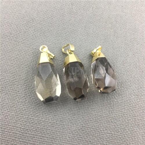 Teardrop Shape Light Yellow Quartz Pendant Charm,Faceted Smoky Crystal Necklace Making Pendant with Gold Color Cap MY0509