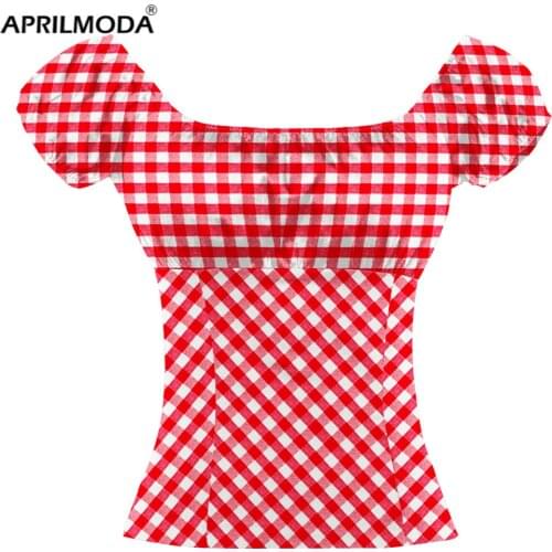 Summer Women Shirt Cotton Short Sleeve Red Plaid Polka Dot Print Clothings Party 50s 60s Retro Vintage Kawaii Checkered Tops