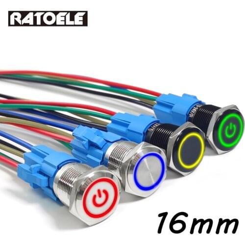 16mm Metal Push Button Switch On And Off Ring Lamp Power Symbol Pattern Waterproof LED Light Momentary Fixed 1NO1NC