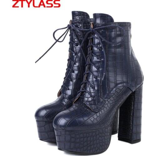 Fashion Platform Women Boots Back Zipper Ankle Boots Square High Heel Lace Up Martin Boots Autumn Winter Woman Shoes Size 34-43