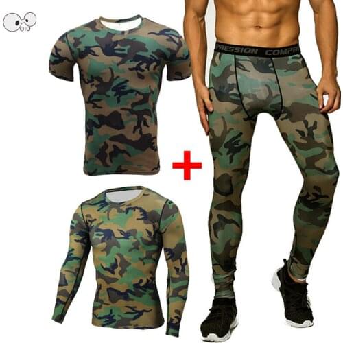Mens Quick Dry 3 Pcs Camouflage Sport Suits Compression Running Sets Joggers Training Gym Fitness Tracksuits Sportswear Clothing