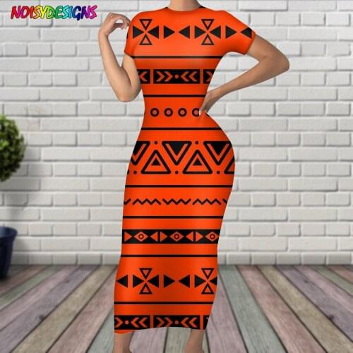NOISYDESIGNS Womans Dress Polynesian Tribal Prints Orange Short Sleeve Skinny Dress Summer Casual Slim Dresses Elegant Women