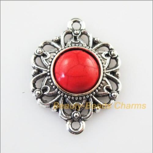 New 8Pcs Retro Tibetan Silver Color Flower Red Stone Charms Pendants 21.5x28mm