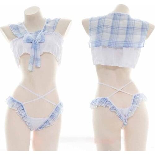 New Japanes Sexy Plaid Sailor Suit Maid Outfit Semi-permeable Chiffon Bowknot Underwear Girls V-neck Homewear Nightdress Pajamas
